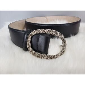 Vintage Liz Claiborne Black Leather Belt‎ Braided Silver Buckle Size Medium